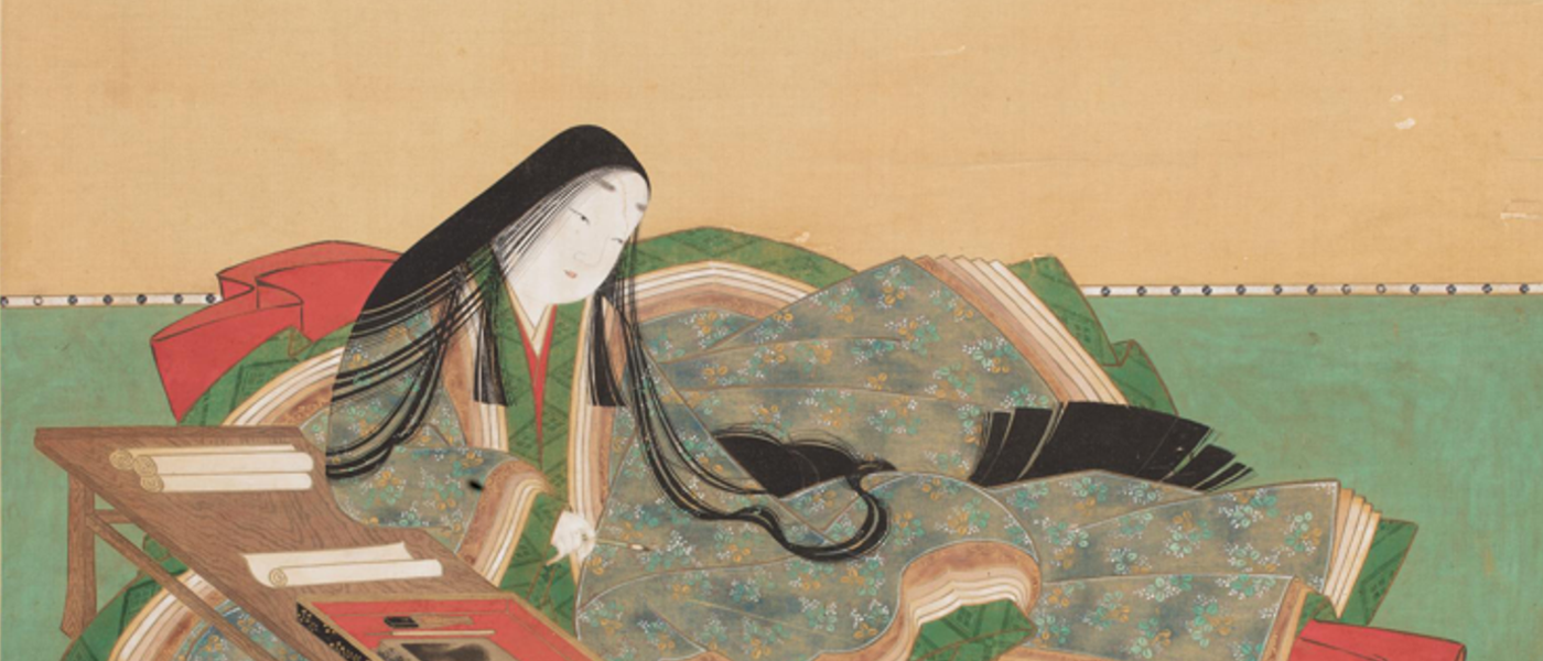 Wood block print of Murasaki Shikibu