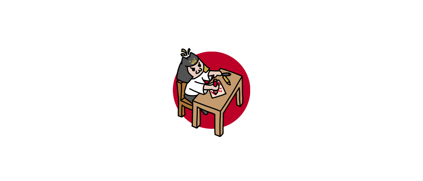 Haru drawn as a little gremlin, drawing with crayons at a desk
